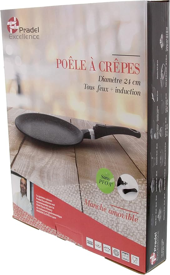 Pradel Excellence - 52406M - Pancake Pan Ø24 cm - First Generation Range - Cast Aluminium - Non-Stick Stone Coating - Removable Handle - All Induction Hobs