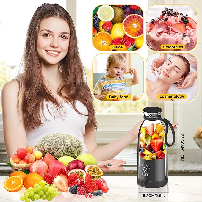 Portable Blender 500ML Personal Blender for Shakes and Smoothies Traveling Fruit Veggie Juicer Cup USB Rechargeable with Six Blades for Sports Travel and Outdoors (black)