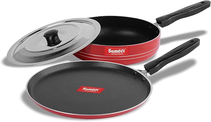 Sumeet 2.6mm Thick Non-Stick Red Chilli Cookware set (Dosa Tawa – 26.5cm Dia + Fry pan – 1.5Ltr Capacity – 21cm Dia)