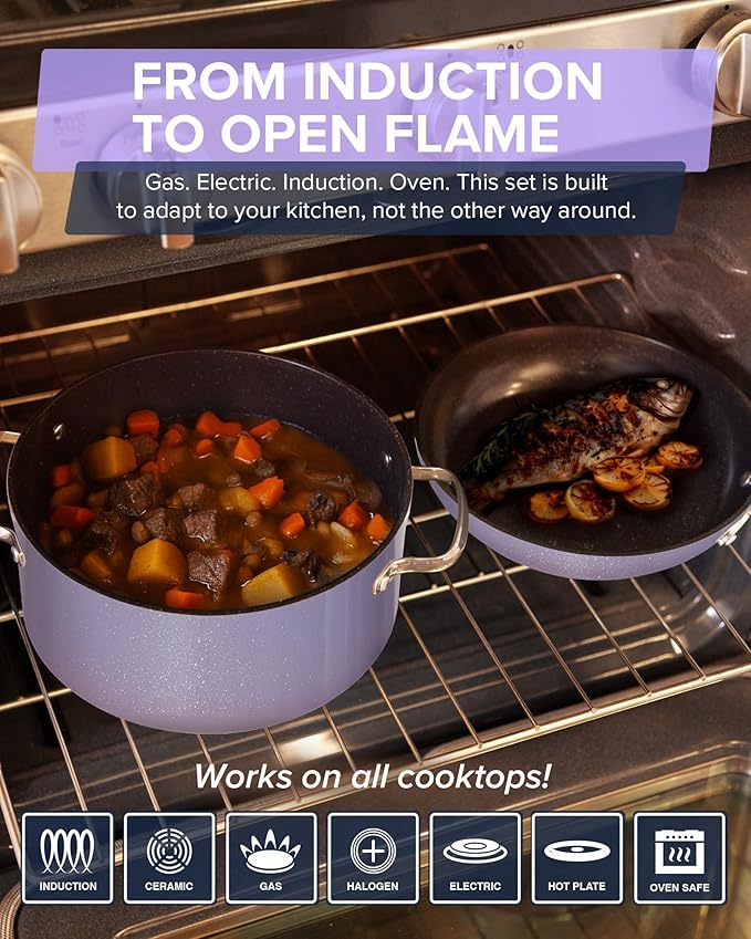 Nuwave Healthy G11-Pots and Pans Set Non Stick 9H Near-Diamond Hardness Scratch-Resistant Works on All Stovetops PFAS Free with Frying Pans Saucepans &amp Glass Lids Stay-Cool Handles Lilac