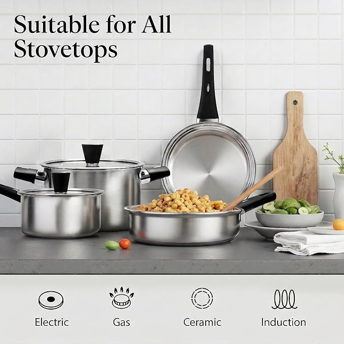 Meythway 𝐔𝐏𝐆𝐑𝐀𝐃𝐄 Stainless Steel Pots and Pans Set Non Toxic 6PCs Kitchen Cookware Sets with Stay-Cool Handles Non-Stick Dishwasher Safe&ampCompatible with All Stovetops(GasElectric&ampIn