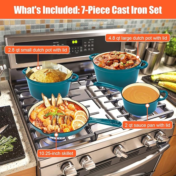 QuliMetal Nonstick Enameled Cast Iron Cookware Set 7Pcs Pots and Pans with Lid Frying Pan Skillet Saucepan Healthy Dutch Oven for Sourdough Bread Baking Oven Safe up to 500° F or on All Stovetop