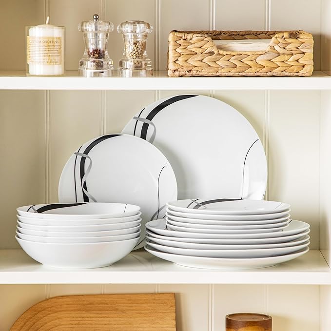 VEWEET Porcelain Dinnerware Sets for 6 18 Pieces Plates and Bowls Set with Black and Grey Ribbon Lines Dishes Set Dining Ware for Dinner Microwave and Dishwasher Safe Series FIONA