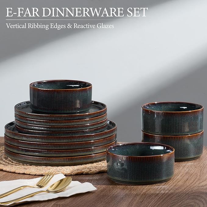 E-far 12-Piece Plates and Bowls Sets and 35oz Pasta Bowls Set of 4 bundle Stoneware Dinnerware Dishes Sets for 4 Kitchen Modern Dining Dishware Bowl Plate Blackish Green
