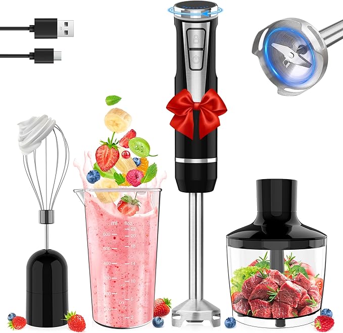 Cordless Immersion Blender Handheld 4-in-1 Cordless Hand Blender with 500ml Chopper 600ml Beaker &amp Egg Whisk 8 Speeds USB Rechargeable Handheld Blender Cordless – Smoothies Baby Food (Black)