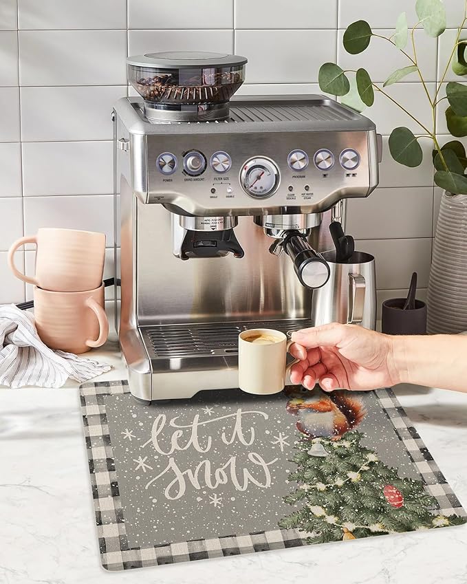 Coffee Mat Coffee Bar Mat for Countertops Christmas Watercolor Squirrel with Xmas Tree Grey Absorbent Coffee Maker Mat Rubber Backed Dish Drying Mat for Coffee Espresso Machine Coffee Maker 18x28