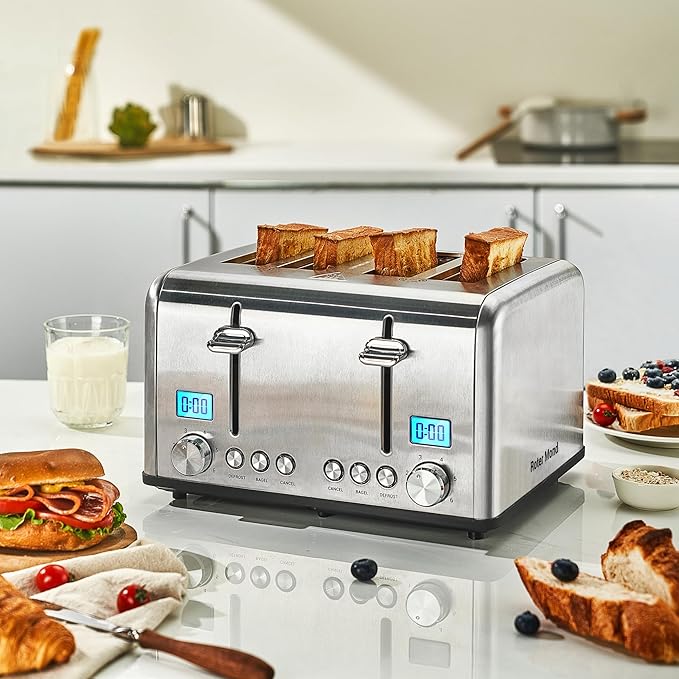 Roter Mond Countdown Stainless Steel 4 Slice Toaster with Bagel Defrost Cancel Function Dual Toaster Extra Wide Slots 6 Shade Settings Removable Crumb Trays 1650W