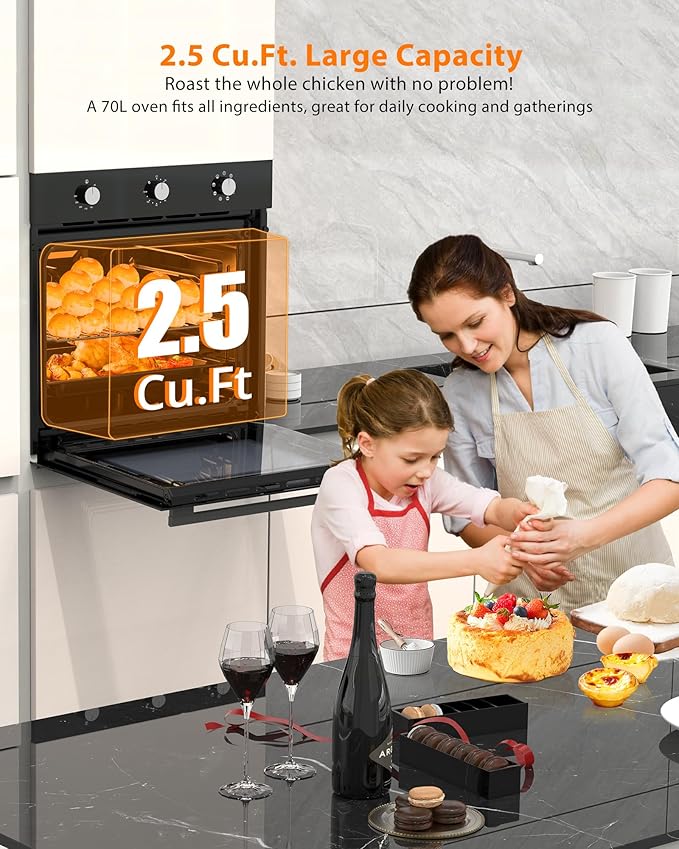 24 Built-in Electric Oven - 2.5 CF Convection 3000W Power 240V 8 Cooking Modes Stainless Steel Finish Mechanical Controls Transparent Window Black Design