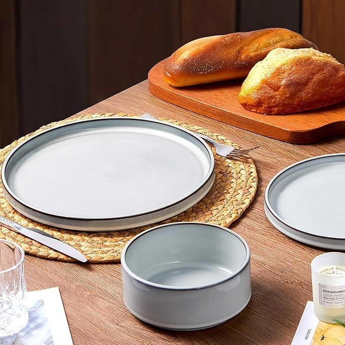 LIANYU Plates and Bowls Dinnerware Sets for 8 24 Piece Stoneware Tableware Dishes Set Includes Dinner Dessert Plate Cereal Bowl Rustic Terracotta Underside Dishwasher &amp Microwave Safe Lucent W