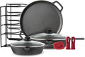 Cuisinel Cast Iron Cookware Set - 6-Pieces Pre-Seasoned Kit: 10+12 Skillet + Glass Lids + Pizza Pan + Pan Rack Organizer + Silicone Handle Covers + Scraper/Cleaner - Grill Camping Indoor/Outdoor