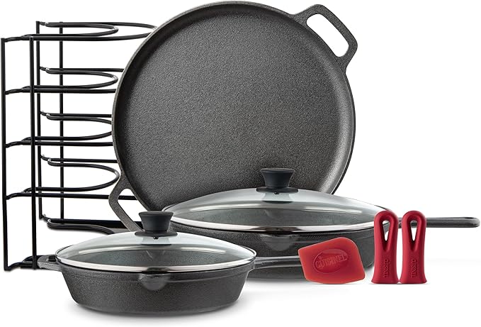 Cuisinel Cast Iron Cookware Set - 6-Pieces Pre-Seasoned Kit: 10+12 Skillet + Glass Lids + Pizza Pan + Pan Rack Organizer + Silicone Handle Covers + Scraper/Cleaner - Grill Camping Indoor/Outdoor