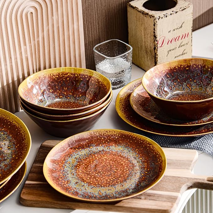 FINE&ampNICE Melamine Dinnerware Set of 12Pcs Dish Set for 4 Lightweight Unbreakable Plate and Bowl Set for Patio RV and Camping Dishwasher SafeRusty Brown