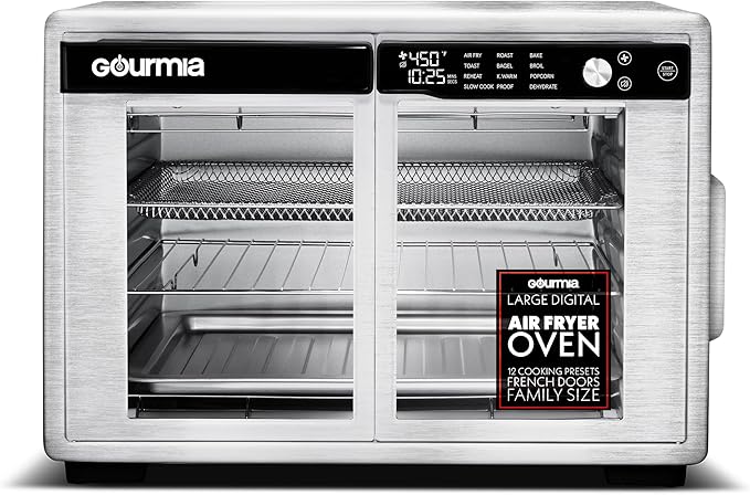 Gourmia French Door Air Fryer Oven - 37 Qt Large Capacity Convection Toaster Oven FryForce 360° Digital Display 12 Cooking Presets Dehydrate Fits 13” Pizza Dishwasher-Safe Stainless Steel