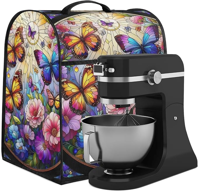 cfpolar Kitchen Aid Mixer Cover Compatible with 6-8 Quarts Butterfly Flower Glass Painting Stand Mixer Cover Kitchen Aid Mixers Accessories Appliance Organizer Bag Dust Covers with Zipper Pocket