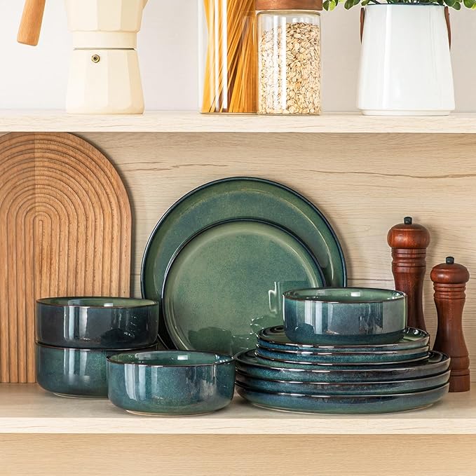 vancasso Starry 12 Pieces Dinnerware Sets for 4 Green Reactive Glaze Dishes Sets Ceramic Plates and Bowls Set Dinner Salad Dessert Plates and Cereal Bowls Set Dishwasher and Microwave Safe