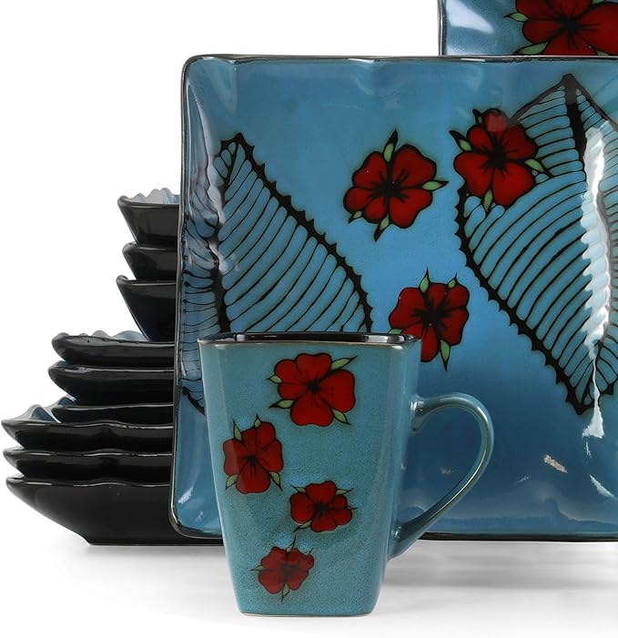 Elama ALOHATIDE Aloha Tide 16 Piece Luxurious Stoneware Dinnerware with Complete Setting for 4 16pc Blue with Red