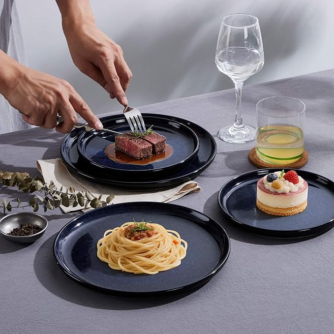 LIANYU 24 Piece Dinnerware Plate and Bowls Dishes Sets for 8 Modern Stoneware Ceramic Set Kitchen Round Dinning Ware Dishware Set Dishwasher and Microwave Safe Midnight Blue