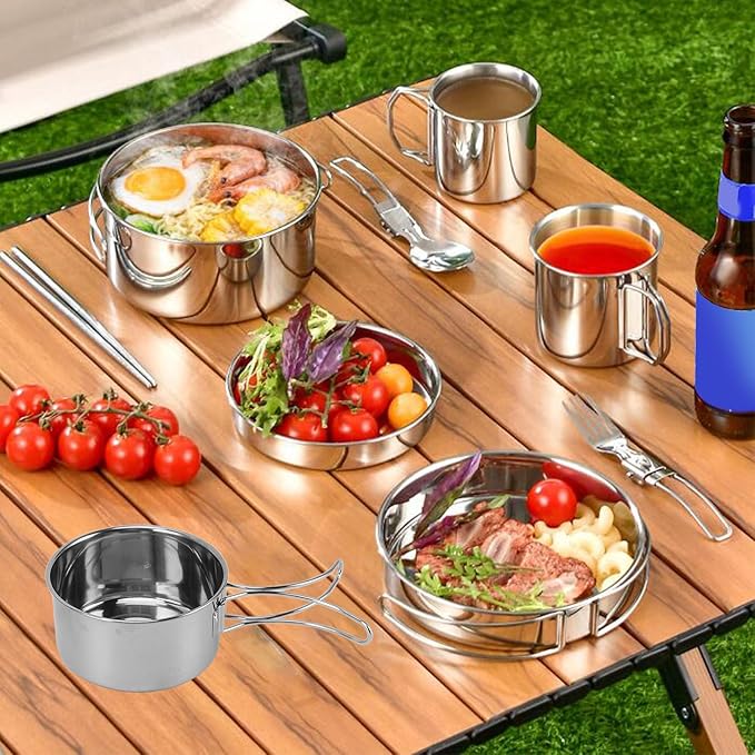 Portable Cookware Set Stainless Steel Efficient Easy to Carry Multifunctional Tableware Camping Kitchenware