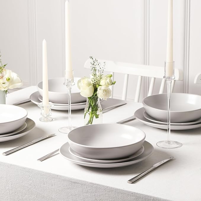 Earth &amp Clay Mia 12-Piece Stoneware Dinnerware Set Plates and Bowls Set Dishwasher and Microwave Safe Dish Set for 4 White