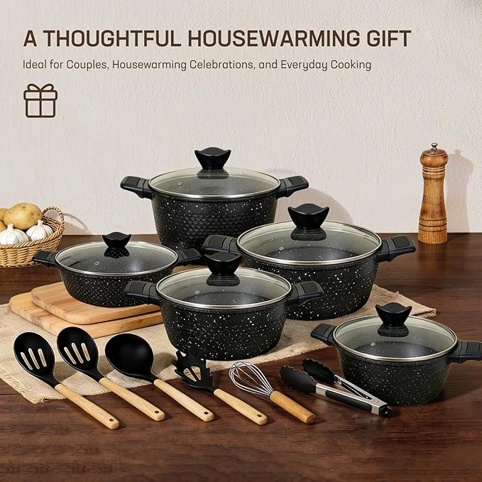 16PCS Cookware Set - Home Nonstick Stock Pot with Glass Lid Pots and Pans Set Cooking Pots Set Cast Aluminum Stay Cool Handles Dishwasher Safe PTFE/PFOA Free Speckled Black