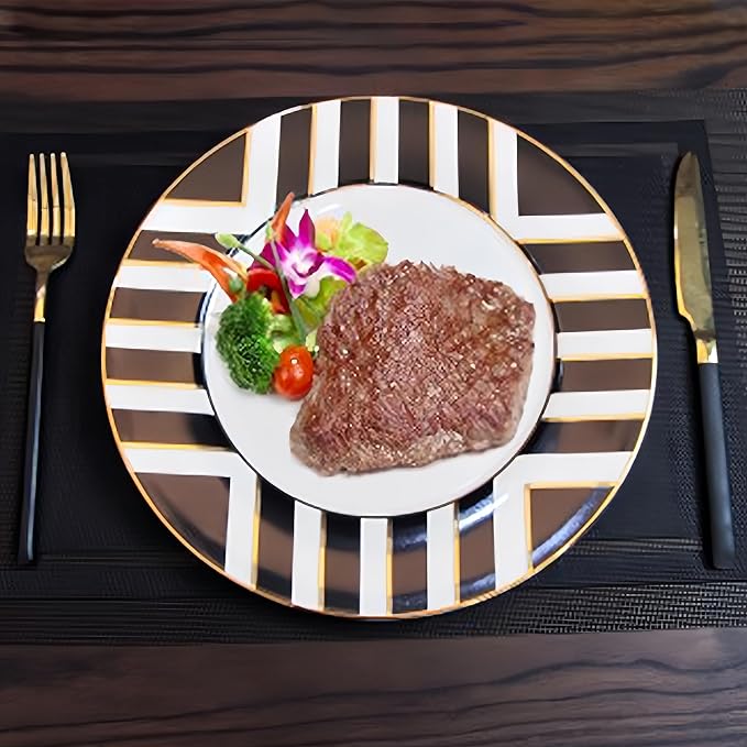 European Style Dinnerware Set Service for 4 Bone China Dinnerware Sets Unbreakable Porcelain Dinner Sets Coffee Cup and Saucer Tableware Set Steak Dinner Plates Dish Set Black and gold