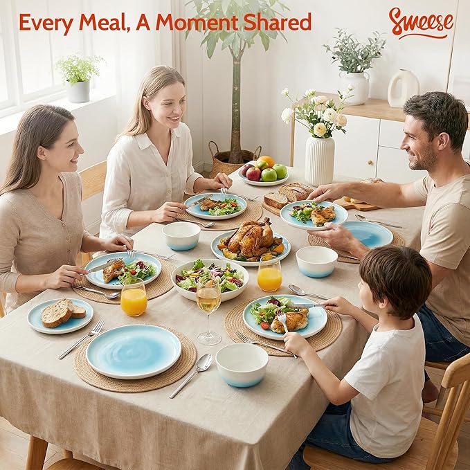 Sweese Porcelain Dinnerware Sets Handpainted Plates and Bowls Set for 6 Scratch Resistant Dinner Set Dishwasher and Oven Microwave Safe Dishes Set Blue