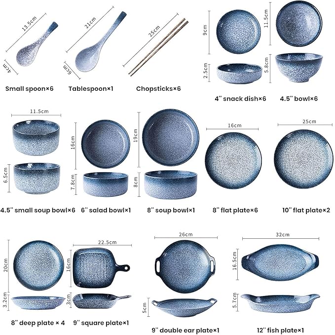 Stylish Dinner PlatesCeramics Dinner Sets 48 Pieces Blue Glaze Cereal Bowl and Steak Plate | Japanese-Style Porcelain Dinnerware Set for Family Gathering