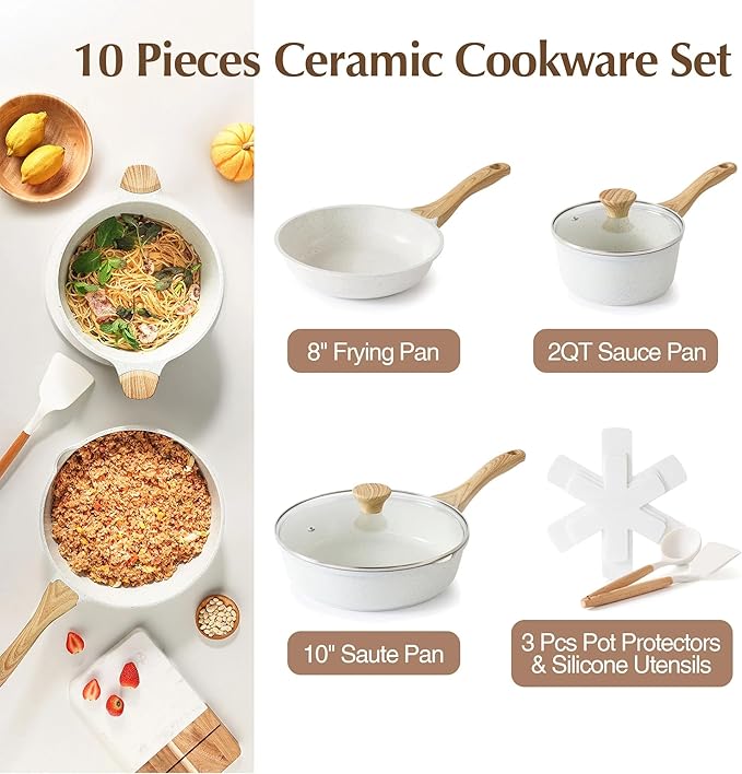 Nonstick Pots and Pans Set 10Pcs Non Stick Cookware Set with Pots Protectors Induction Kitchen Cookware Sets (White)