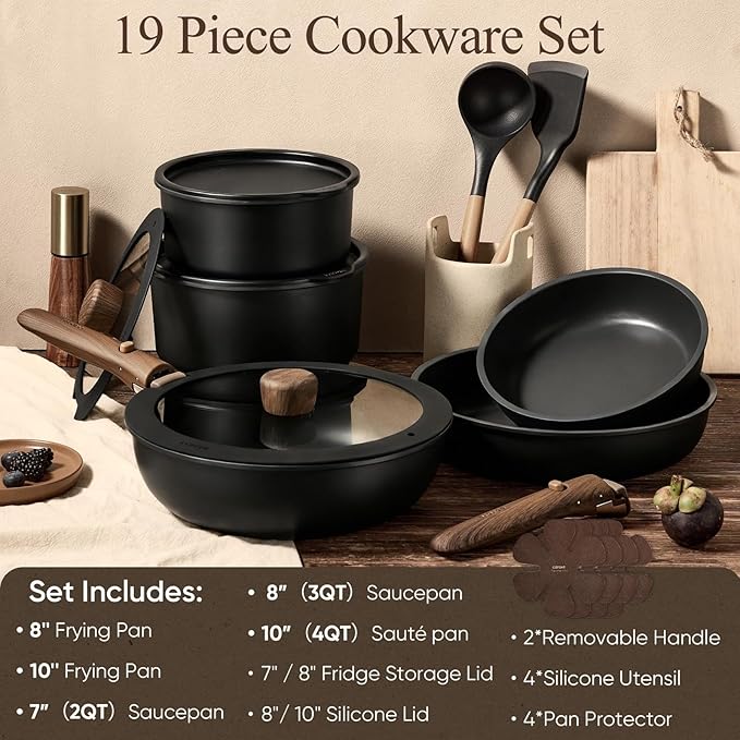 19-Piece Non-Stick Cookware Set with Detachable Handles - Versatile Induction Safe Pots and Pans for Easy Cooking and Storage