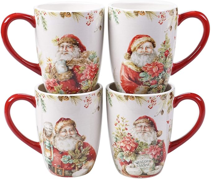 Christmas Story 16pc Dinnerware Set – Service for 4 with Santa Plates Bowls &amp Mugs – Vintage Holiday Ceramic Set Featuring Festive Art Red Accents &amp Seasonal Charm