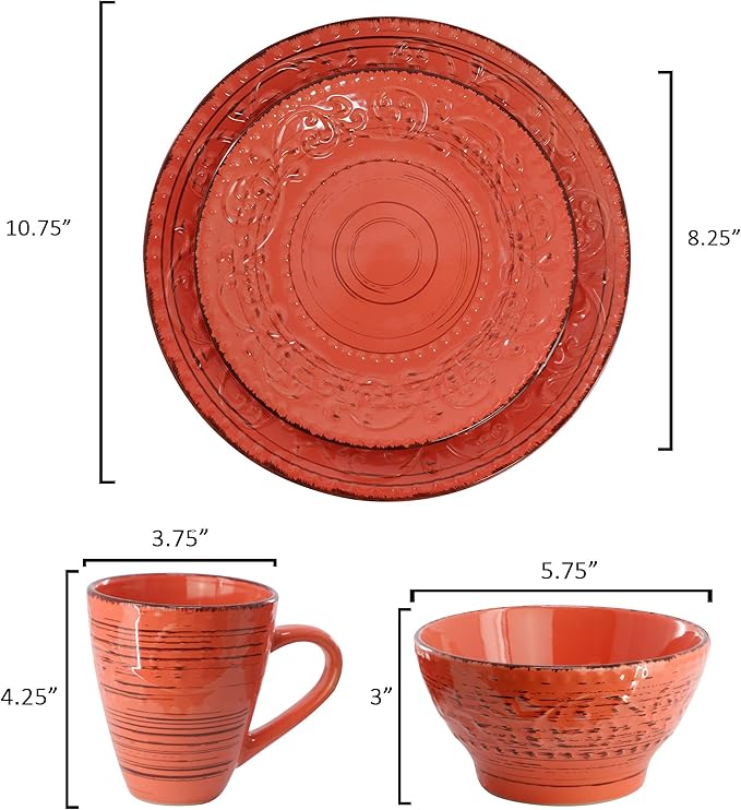 Elama Malibu Jasper 16-Piece Stoneware Embossed Pattern Reactive Glaze Orange Dinnerware Set Tableware Serveware Set (Jasper Orange)