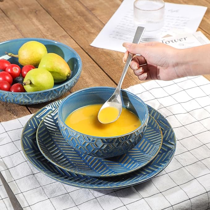 Sureasy Dinnerware Sets 12-piece + 8 inch Rectangular Salad Plates Set of 4 Blue
