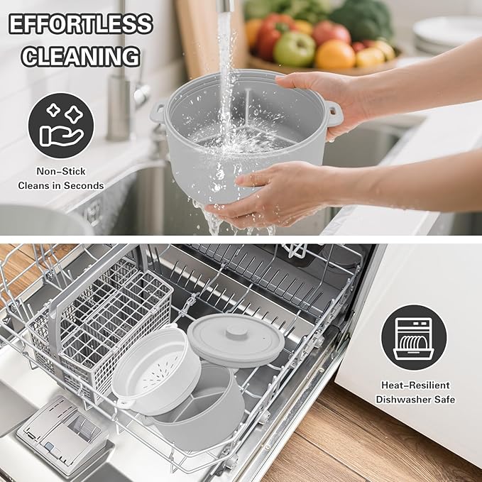 BestYiJo Microwave Rice Cooker 2-Layer Microwave Pasta Cooker and Steamer for Rice Vegetables Quinoa Oatmeal Ramen –Silicone Non-Stick(GREY)