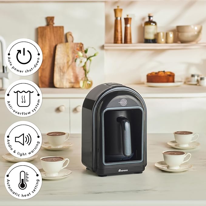 KARACA Hatır Turkish Coffee Maker 5 Cups Electric Turkish Coffee Machine with Ember Mode Automatic Temperature Control Overflow Protection Audible &amp Visual Alerts Shiny Black