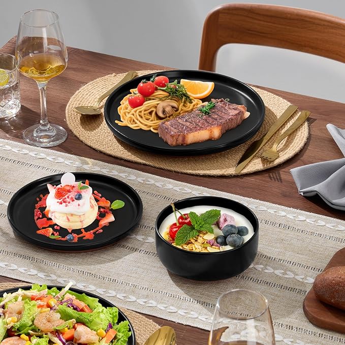 E-far 18-Piece Stoneware Plates and Bowls Sets Dinnerware Sets for 6 Ceramic Dishware Dishes Set with Terracotta Base Chip &amp Scratch Resistant Microwave &amp Dishwasher Safe Matte Black