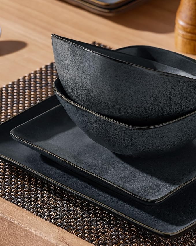 Famiware Dinnerware Sets for 6 Ocean Square 18-Piece Kitchen Plates and Bowls Sets Microwave and Dishwasher Safe Scratch Resistant Matte Black