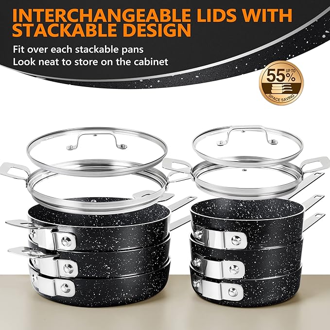 Stackable Pots and Pans 10 Piece Set - Nonstick Cookware With Space-Saving Design Non-Toxic Stone Coatings Saves 55% More Space - Black