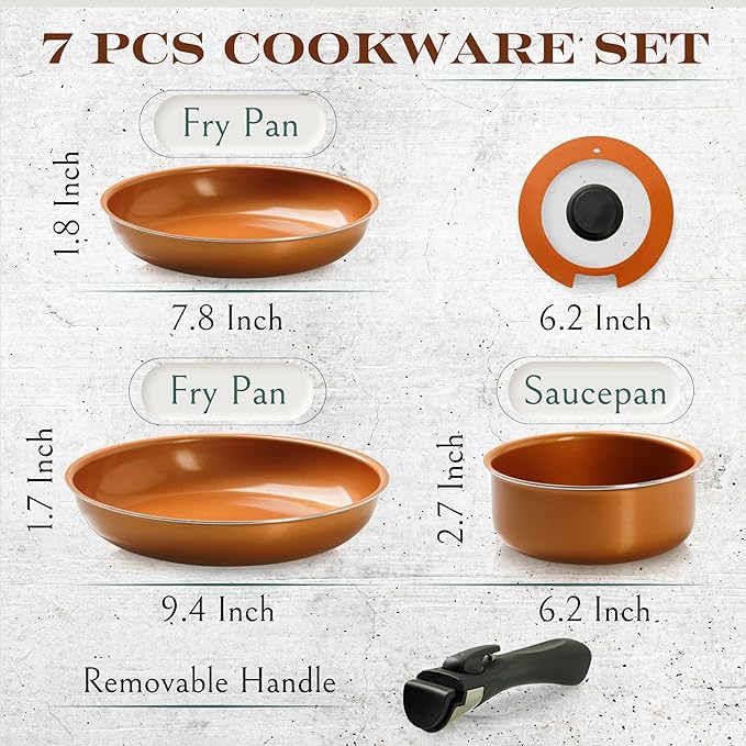Moss &amp Stone Copper Pots And Pans Set Nonstick Removable Handle Cookware Stackable Pots And Pans Set Dishwasher safe Induction Pots And Pans Camping Cookware Set Aluminum (7 Pcs)