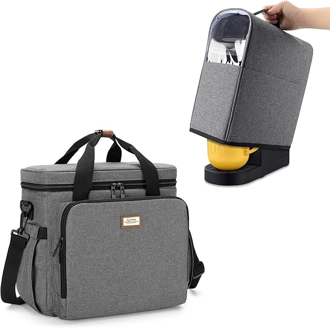 CURMIO Coffee Maker Travel Bag &amp Dust Cover Compatible with Keurig K-Mini or K-Mini Plus Single Serve Coffee Brewer Carrying Case with Pockets for K-Cup Pods Travel Mugs