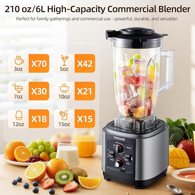 Commercial Blender 2200W 2.95 HP Professional Blender with Quiet PC Sound Enclosure 210 Oz / 6L Large Heavy Duty Blenders with 9 Speeds Timer Self-Cleaning 5 Presets For Shake and Smoothie