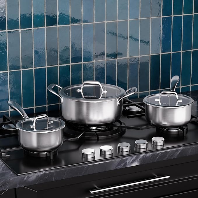 COOKER KING Stainless Steel 6 Pcs Pots Set 1.5 &amp 2QT Saucepan and 5-Quart Pots with Lids Non Stick Non Toxic Stay-Cool Handles Induction Oven Dishwasher Safe