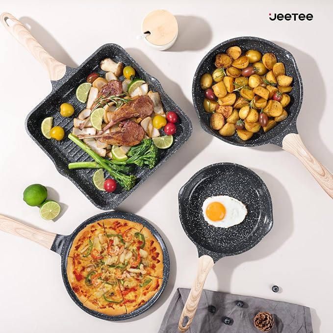 JEETEE 24Pcs Ceramic Cookware Set Gray Pots and Pans Set Non Stick Kitchen Healthy Non Toxic Induction Cookware Sets W/Saucepans Sauté Pan Griddle Crepe Pan &amp Pancake Rake (PFASPFOA Free)