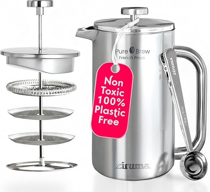 Ziruma Non-Toxic French Press Surgical Stainless Steel Coffee Press Plastic-Free Heavy Metal-Free No Endocrine Disruptors 34 Oz Double Wall 4-Layer Filter Portable Coffee Maker
