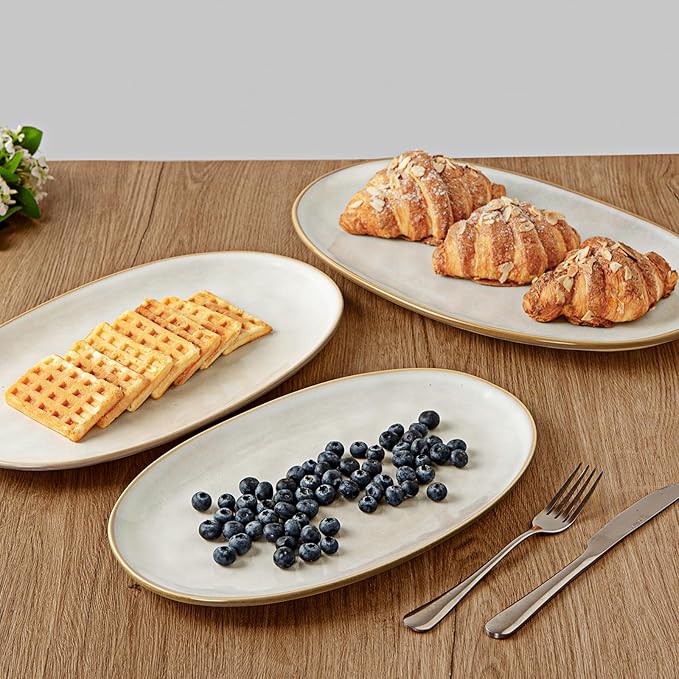 Famiware Plates and Bowls Sets + 3 Pcs Rectangular Serving Platter 15-Piece Dinnerware Sets for 4 White