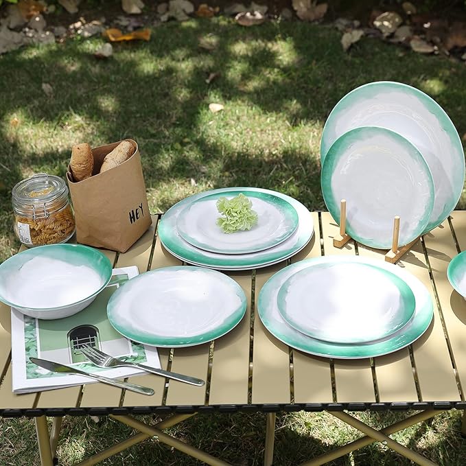 Melamine Dinnerware Sets 12pcs Plates and Bowls Set service for 4 Dishwasher Safe Indoor and Outdoor Use Green Melamine dishes