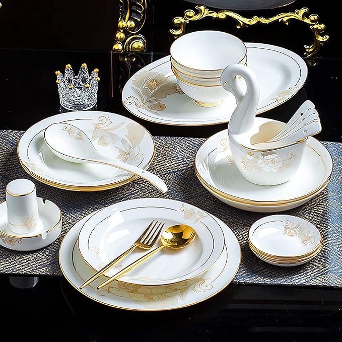 70 Pieces Dinnerware Set for 10White Porcelain Kitchen Bone China Dinner Combi-Set with Cereal Bowls Dessert Plates Dishes and Soup Plates Dinner Plates and Soup Pot with Gold Ri