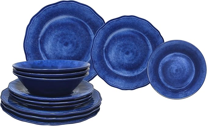 Le Cadeaux 12 Piece Luxury Melamine Dinnerware Set Service for 4 (Campania Blue)