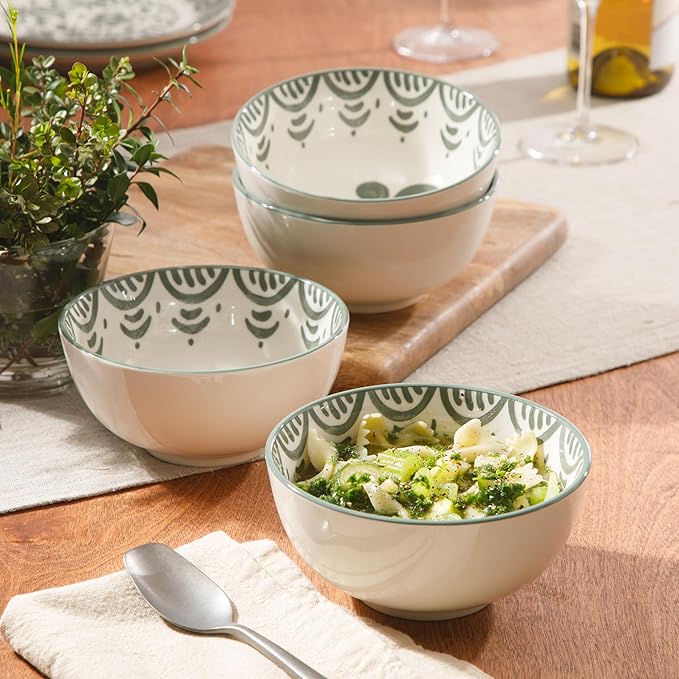 Bloomhouse - 2-Time Oprah’s Favorite Things - Valencia Flor 4 Piece 6” Cereal Bowl Set Stoneware Bowls Mediterranean Floral Decal Design Microwave &amp Dishwasher Safe Fern Green
