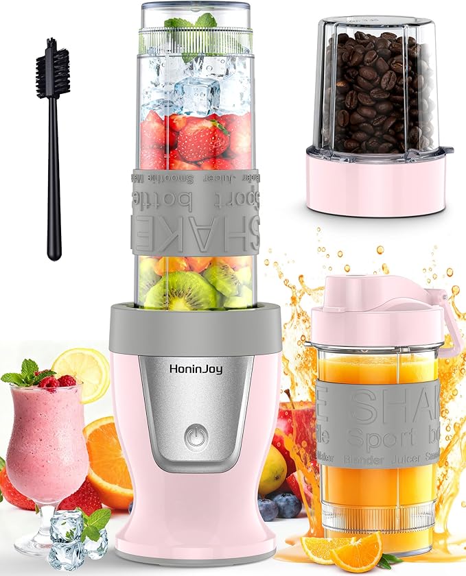 Smoothie Blender 650W Personal Blenders for Shakes and Smoothies with Grinder Cup &amp 2 BPA-Free Portable Cups (20oz+14oz) Portable Blender for Juices Smoothies Maker for Kitchen Pink
