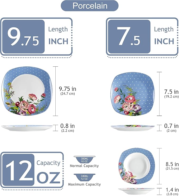 VEWEET'Hannah' 18-Piece Dinner Set Porcelain Dinnerware Set for 6 People with 6 Dessert Plates 180 ml Soup and Dinner Plates